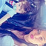 baby, child, woman, car_seat, car_interior, pacifier, blue_eyes, long_hair, white_top, floral_shorts, seatbelt, person, selfie, smile, pouting, jewelry, earrings, necklace, seat, window
