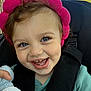 toddler, child, smiling, blue_eyes, pink_headband, plush_toy, car_seat, happy, outdoor, portrait, baby, cute, clothing, seatbelt, sunlight, face, headwear, expression, young_child, closeup