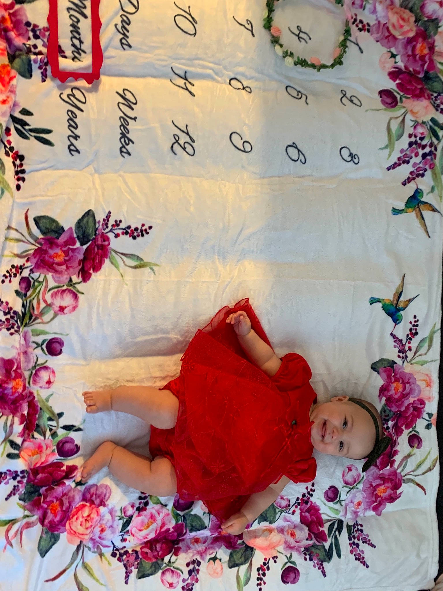 Gracie is registered to the contest to win money with this photo: baby, baby_toddler_clothing, creative_arts, cut_flowers, floral_design, headwear, joy, pedicel, person, petal, pink, red, rose