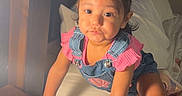 Zelda joined the competition — help win amazing prizes! toddler, child, indoor, bed, nightstand, pink, sippy_cup, hair_bows, denim_overalls, pink_shirt, shoes, curly_hair, wood, pillow, blanket, expression, lighting, playful, furniture, cute