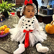 Malani is registered to the contest to win money with this photo: baby, black_and_white_clothing, child, countertop, curious, cute, dalmation_costume, decor, fruit_basket, headband, indoor, kitchen, person, plant, pumpkin, red_bow, sitting, tulle_skirt, tutu, white_socks