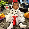baby, black_and_white_clothing, child, countertop, curious, cute, dalmation_costume, decor, fruit_basket, headband, indoor, kitchen, person, plant, pumpkin, red_bow, sitting, tulle_skirt, tutu, white_socks