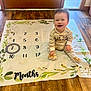 Hudson is registered to the contest to win money with this photo: baby, child, smiling, milestone_blanket, months, striped_pajamas, floor, wooden_floor, indoors, home, happy, sitting, cute, clothing, face, person, young_child, number_seven, decorative_blanket, footed_pajamas