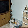 basket, bed, blanket, buddha_statue, corner, cozy, decor, dog, domestic, furniture, home, indoor, living_room, pet, quiet, relaxed, small_dog, tile_floor, toy, wooden_cabinet