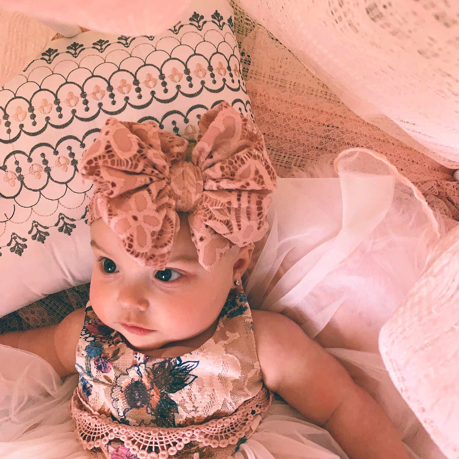 Mira joined the competition — help win amazing prizes! child, clothing, dress, embellishment, fashion_accessory, hair_accessory, headgear, headpiece, lace, peach, pink, textile, toddler