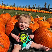 Liam joined the competition — help win amazing prizes! toddler, child, pumpkin, autumn, outdoor, grass, toy, smile, happy, blue_sky, holiday, seasonal, orange, black_tshirt, frankenstein, sitting, sunlight, nature, cute, playful