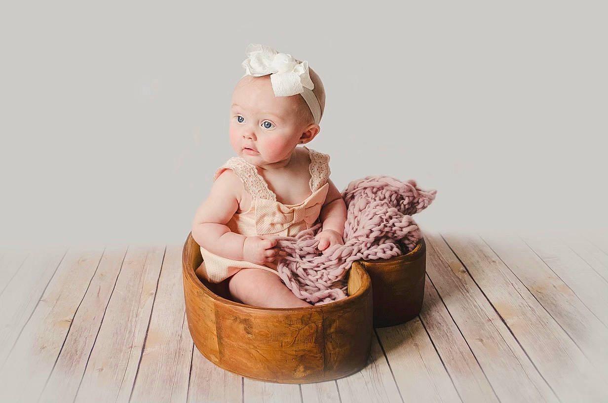 Oaklynn joined the competition — help win amazing prizes! baby, baby_products, baby_toddler_clothing, basket, child, fashion_accessory, flash_photography, happy, hardwood, headpiece, home_accessories, jewellery, metal, peach, person, picnic_basket, rectangle, sitting, toddler, wicker