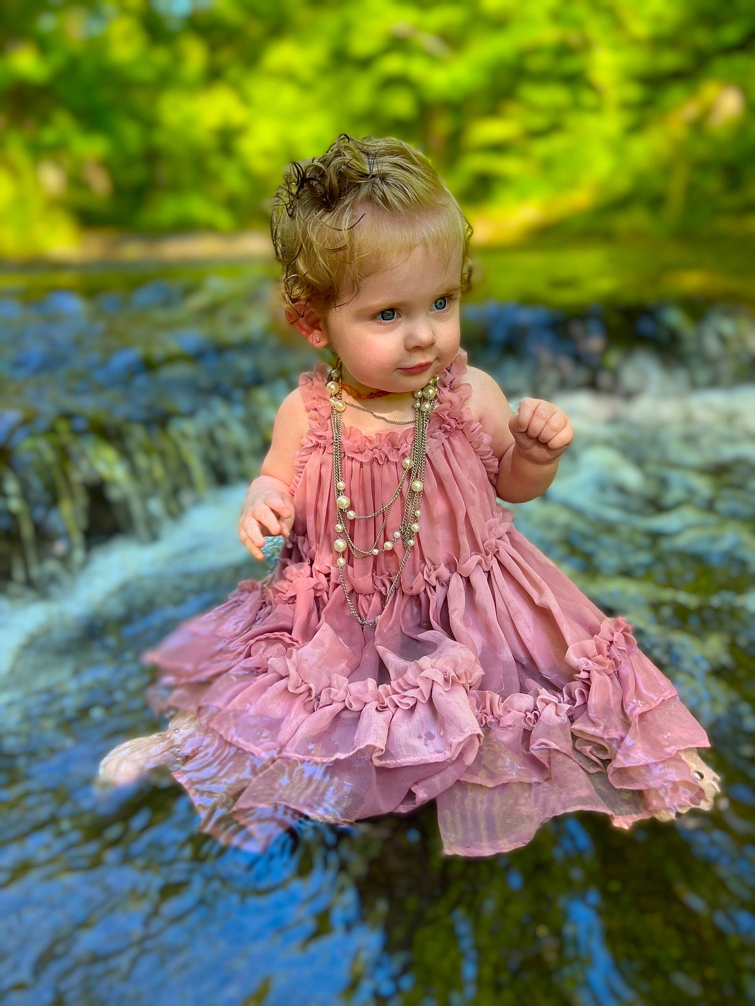 Ila joined the competition — help win amazing prizes! baby_toddler_clothing, beauty, botany, child, day_dress, dress, fun, grass, happy, leisure, magenta, natural_landscape, people_in_nature, person, pink, plant, ruffle, toddler, tree, water