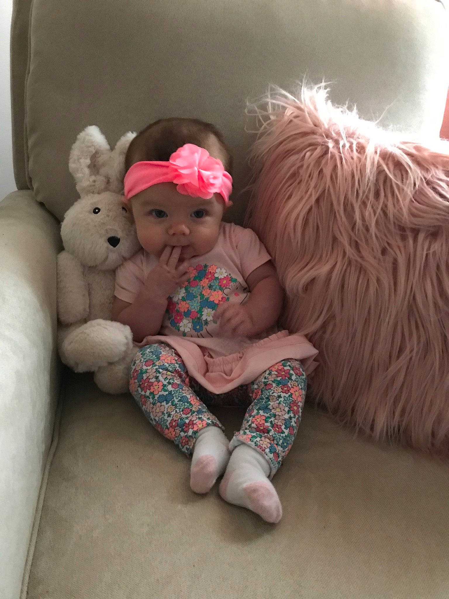 Brailynn is registered to the contest to win money with this photo: baby, child, fawn, fur, headwear, leg, person, pink, sitting, skin, toddler