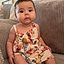 baby, child, infant, sitting, couch, floral_dress, pacifier, indoors, curious, soft_texture, corduroy, cute, person, portrait, young_child, furniture, relaxed, home, comfortable, baby_clothing