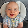 Maëlyo a rejoint le concours — aidez-le/la à gagner de superbes lots ! baby, child, smiling, high_chair, striped_shirt, blue_eyes, happy, cute, portrait, infant, food_stains, sitting, closeup, indoor, person, toddler, young_child, clothing, face, expression