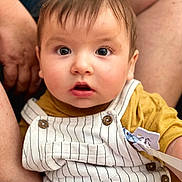 Charles participe au concours pour gagner de l'argent avec cette photo : baby, child, closeup, clothing, curious, cute, expression, eyes, face, hands, human, indoor, infant, mustard_shirt, person, portrait, sitting, skin, striped_overall, young