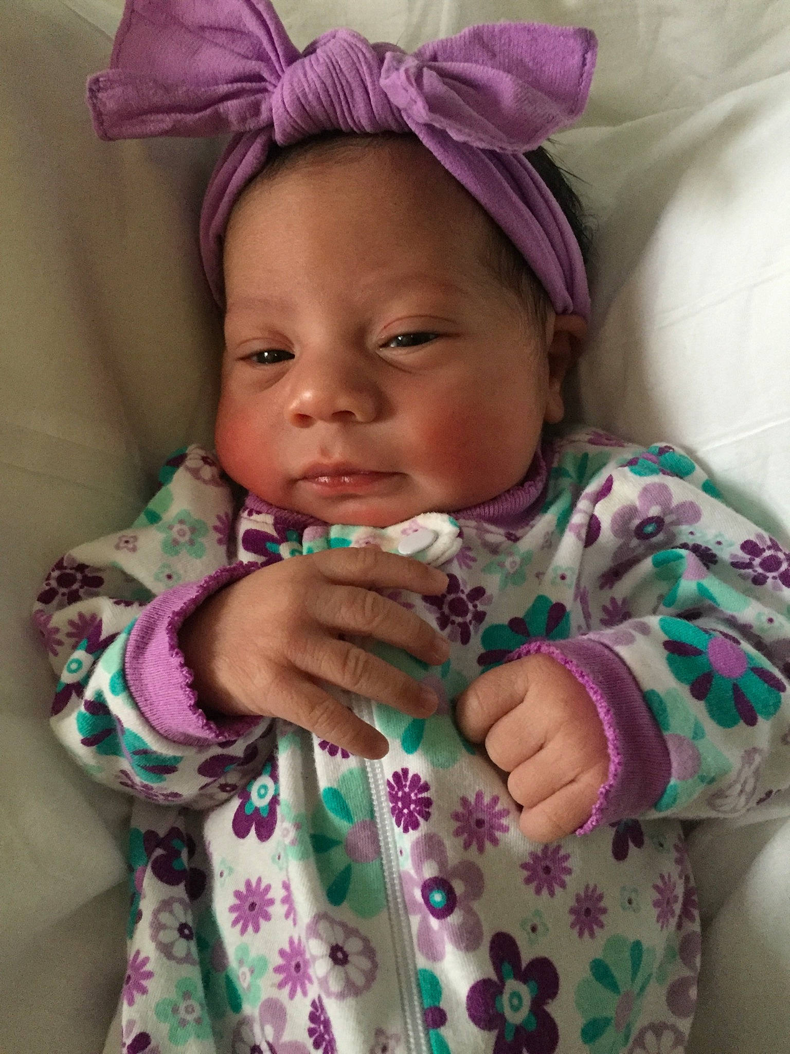 Layla joined the competition — help win amazing prizes! baby, baby_products, baby_toddler_clothing, cheek, child, ear, eye, face, finger, forehead, hair_accessory, hand, head, headband, headgear, person, pink, purple, skin, smile