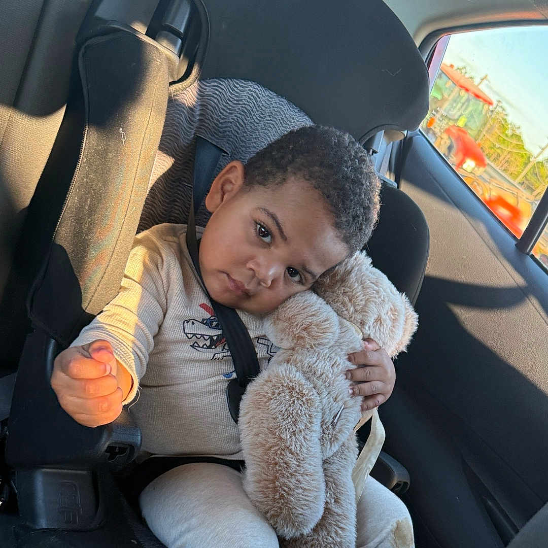 Ikemuefuna is registered to the contest to win money with this photo: car_interior, car_seat, child, clothing, comfort, cute, plush, portrait, road_trip, seat, seatbelt, serious_expression, stuffed_animal, sunlight, teddy_bear, toddler, transportation, vehicle, window, young_child