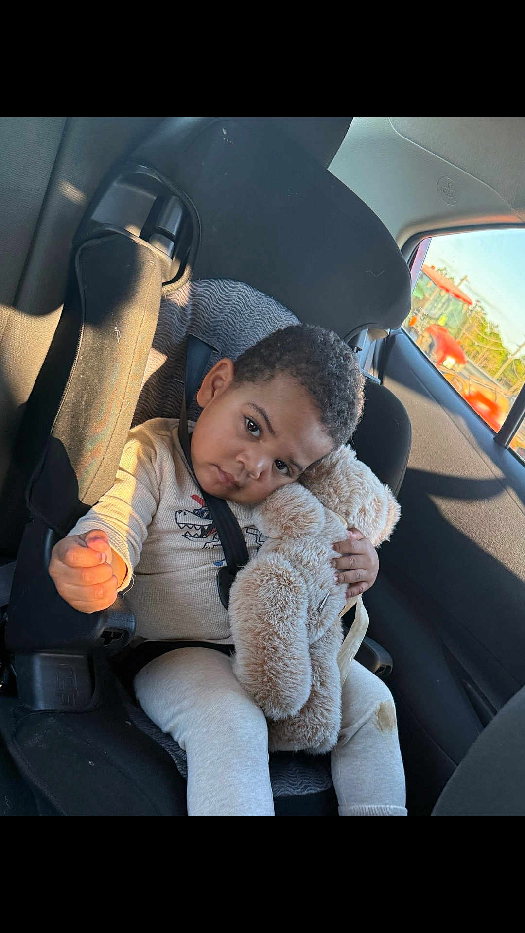 Ikemuefuna is registered to the contest to win money with this photo: toddler, child, car_seat, teddy_bear, stuffed_animal, seatbelt, car_interior, window, sunlight, clothing, cute, portrait, serious_expression, plush, transportation, vehicle, road_trip, seat, young_child, comfort