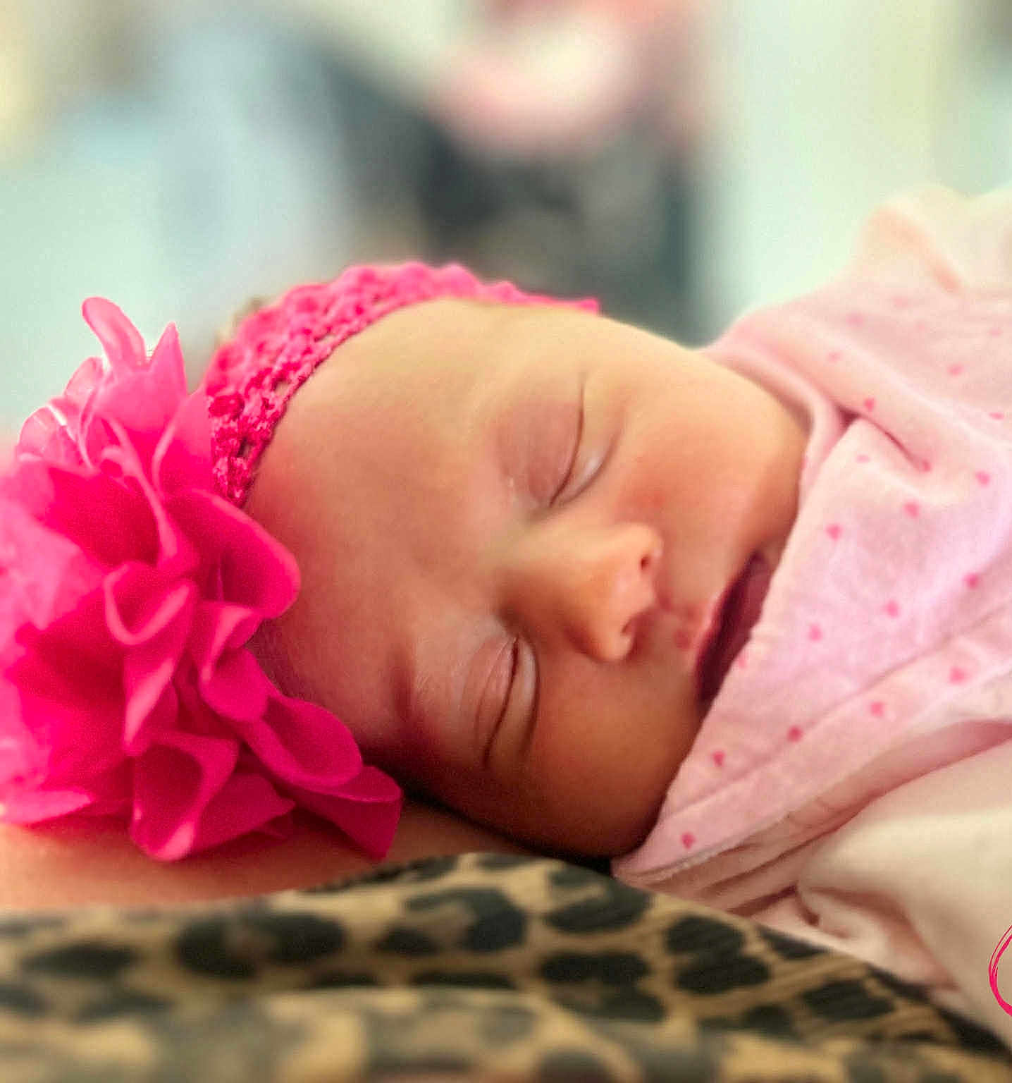 éva participe au concours pour gagner de l'argent avec cette photo : baby, sleeping, pink, headband, flower, blanket, infant, closeup, face, peaceful, soft_focus, leopard_print, cozy, resting, newborn, cute, child, portrait, warm, indoor
