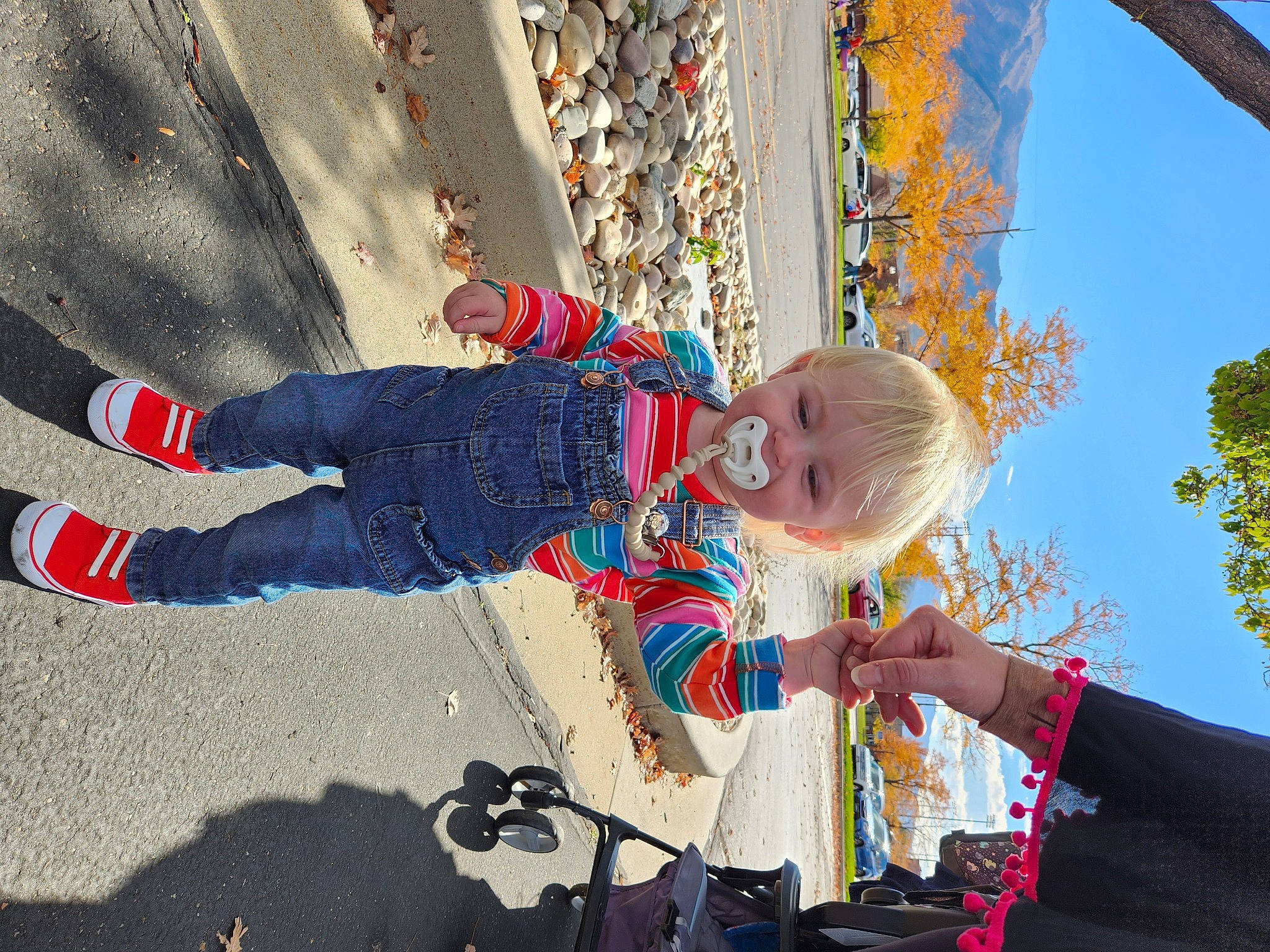 Lance is registered to the contest to win money with this photo: asphalt, baby, child, city, electric_blue, fun, happy, human_leg, leaf, leisure, line, pattern, people_in_nature, person, pole, recreation, shadow, sky, smile, toddler