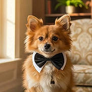 Luca is registered to the contest to win money with this photo: book_shelf, bow_tie, brown_dog, cozy, cushion, cute, decor, dog, fluffy, fur, furniture, green_cushion, indoor, living_room, pet, plant, portrait, sitting, small_dog, window_light