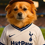 Lucas joined the competition — help win amazing prizes! dog, hat, jersey, sportswear, stadium, soccer, team, animal, brown, white, portrait, fur, canine, mascot, field, outdoor, costume, player, fan, cute