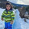 boots, child, clouds, face, gloves, hat, jacket, mountains, nature, outdoor, pants, play, sky, smile, snow, snowman, snowy_ground, trees, twig_arms, winter_clothing