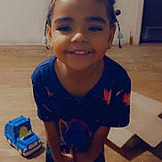 Alia is registered to the contest to win money with this photo: child, smile, braided_hair, toy_truck, cardboard_box, wooden_floor, happy, indoor, person, footwearless, colorful_clothing, girl, playtime, cute, standing, childhood, joyful, home, portrait, casual