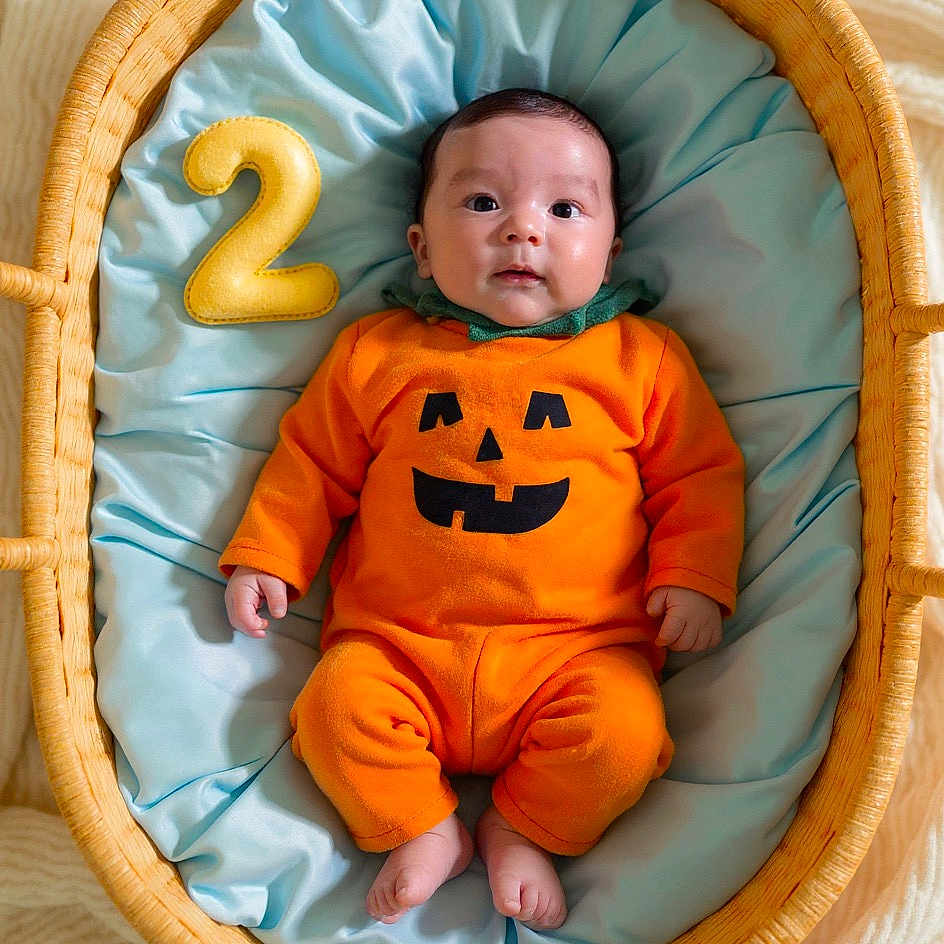 Kayan a rejoint le concours — aidez-le/la à gagner de superbes lots ! baby, blue_cushion, celebration, child, comfort, cozy, cute, halloween, holiday, indoors, infant, number_two, orange_clothing, plush_toy, portrait, pumpkin_costume, sitting, smiling_face, soft_lighting, wicker_basket