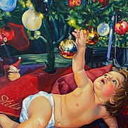 Liam Grover is registered to the contest to win money with this photo: baby, bauble, blanket, cheeks, child, christmas_tree, curiosity, diaper, green_foliage, holiday_decor, interior, lighting, ornament, pillow, portrait, reach, red_decor, santa_figurine, toddler, toy