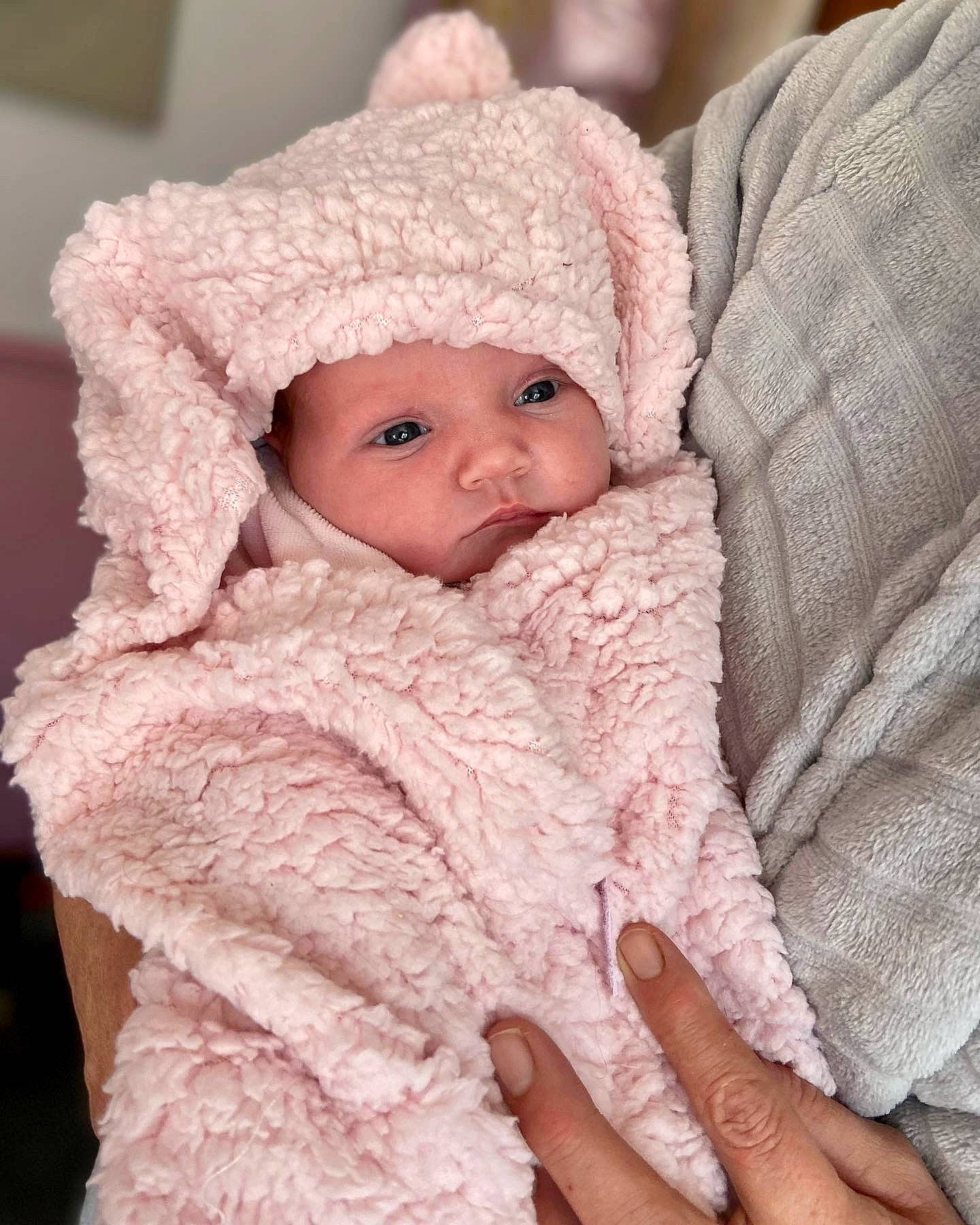 Lexie is registered to the contest to win money with this photo: baby, baby_sleeping, baby_toddler_clothing, beanie, cap, cheek, child, comfort, eyelash, fur, headwear, iris, knit_cap, linens, lip, person, pink, skin, sleeve, textile