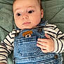 baby, blanket, casual, child, clothing, comfort, cute, cute_animal_patch, denim_overalls, expression, face, hand, indoors, infant, laying_down, portrait, skin, soft_texture, striped_clothing, young_child