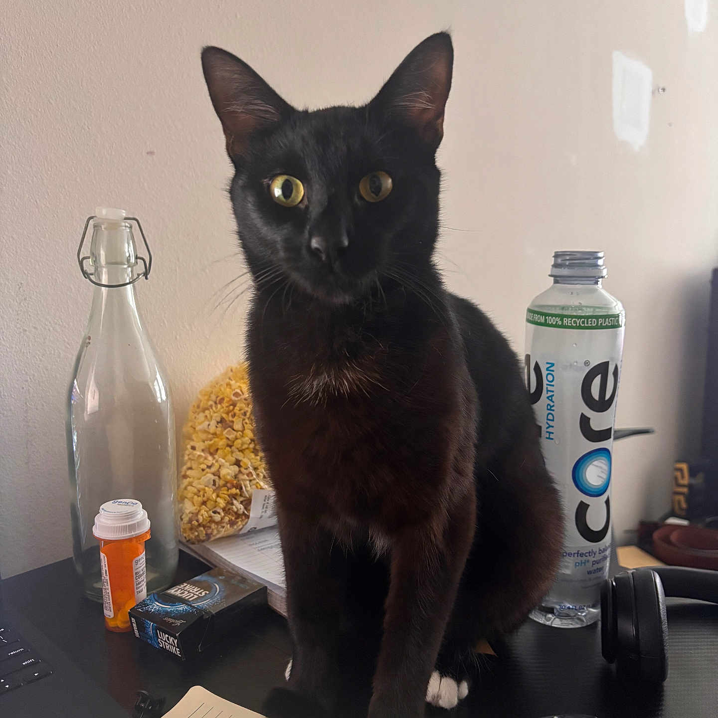 Kenny is registered to the contest to win money with this photo: black_cat, cat, pet, indoor, desk, water_bottle, glass_bottle, popcorn, pill_bottle, cigarette_pack, headphones, computer_mouse, notebook, yellow_eyes, sitting, curious, feline, domestic_animal, table_surface, plain_wall