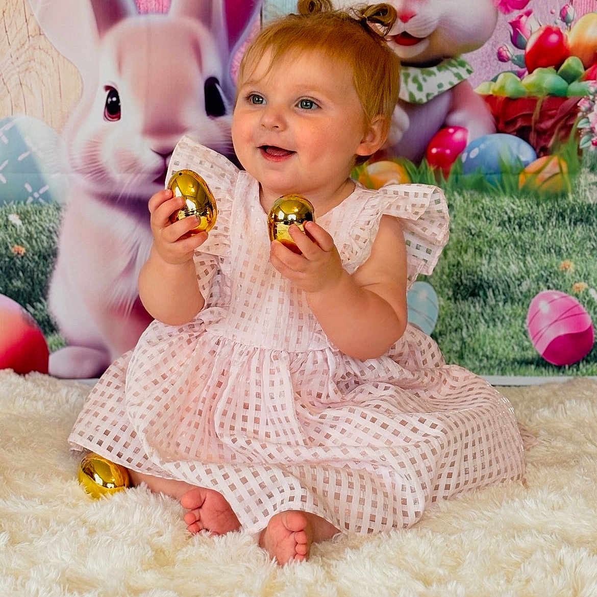 Oakley is registered to the contest to win money with this photo: baby, child, easter_eggs, golden_eggs, pink_dress, smiling, sitting, fluffy_rug, cartoon_bunny, colorful_background, festive, holiday, indoors, portrait, cute, happy, celebration, toy, easter_theme, person