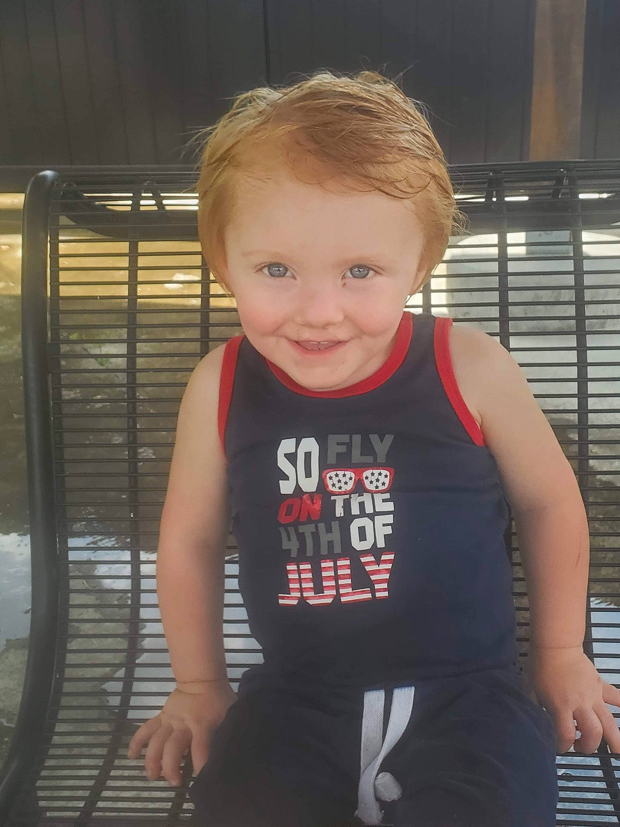 Kaymen is registered to the contest to win money with this photo: active_tank, baby_toddler_clothing, chest, chin, cool, electric_blue, eye, flash_photography, fun, happy, joy, neck, person, skin, sleeve, sleeveless_shirt, smile, t_shirt, toddler, trunk