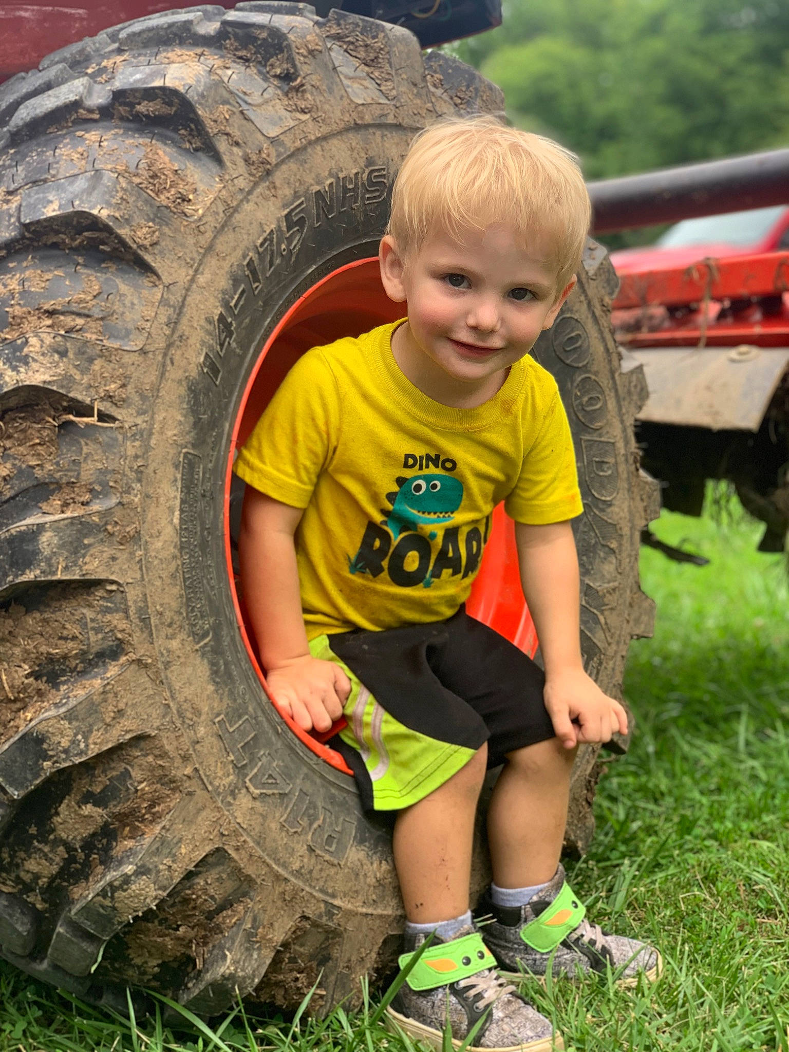Charlie joined the competition — help win amazing prizes! auto_part, automotive_tire, automotive_wheel_system, fun, grass, joy, landscape, lawn, motor_vehicle, people_in_nature, person, plant, rim, shorts, soil, synthetic_rubber, tire, tire_care, toddler, tread