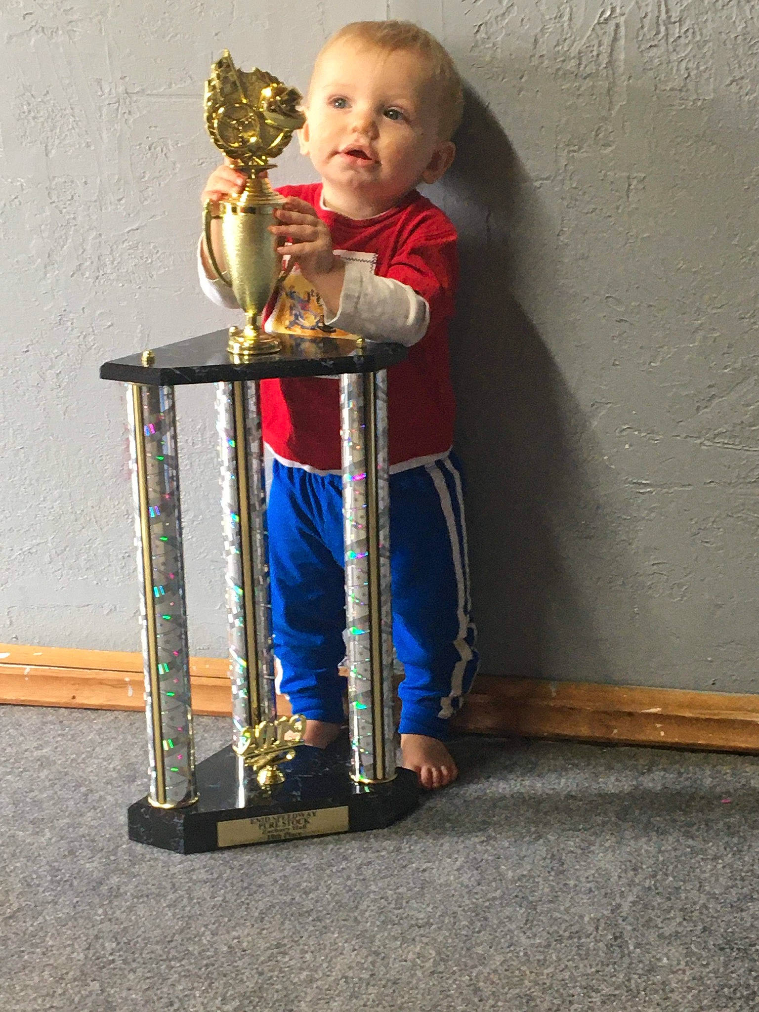 Braxton joined the competition — help win amazing prizes! art, award, baby, child, electric_blue, fun, human_body, jewellery, medal, metal, musical_instrument, person, sitting, standing, toddler, trophy, uniform, wind_instrument, woodwind_instrument