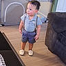 Dereck Sagastume is registered to the contest to win money with this photo: casual_clothing, child, couch, curly_hair, floor, furniture, home, indoor, looking_away, person, playpen, polo_shirt, rosy_cheeks, shorts, standing, suspenders, toddler, white_shoes, wooden_floor, young_child
