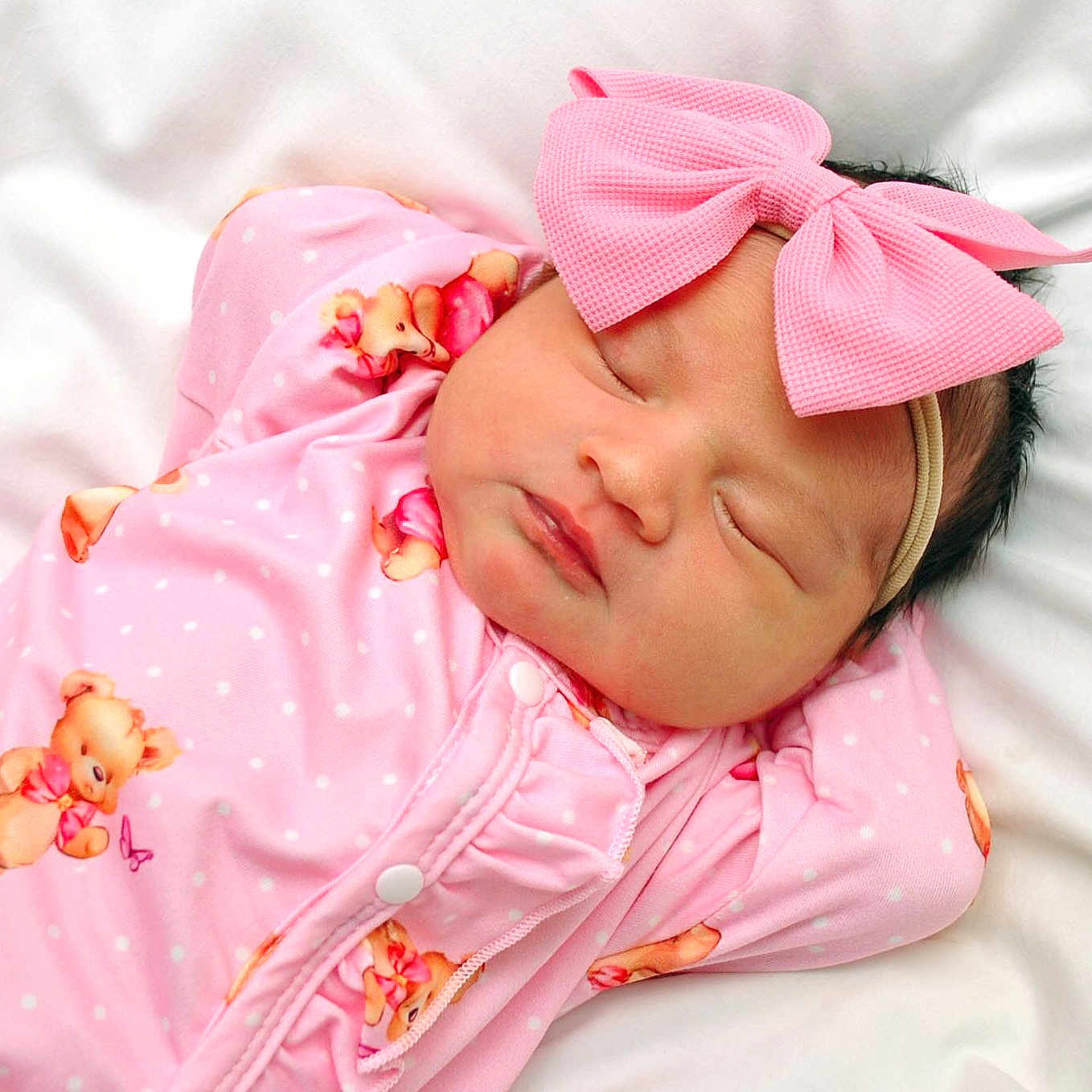Lexani Rose is registered to the contest to win money with this photo: adorable, baby, child, closeup, cute, headband, infant, newborn, peaceful, pink_bow, pink_onesie, polka_dots, portrait, resting, sleep, sleeping, soft_blanket, soft_lighting, teddy_bear_pattern, white_background