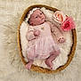 baby, basket, clothing, cozy, cute, decorative_flowers, flower_headband, fluffy_blanket, headband, infant, lying_down, newborn, peaceful, pink_dress, portrait, roses, skin, sleepy, small_feet, soft_texture