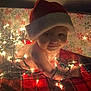 baby, santa_hat, christmas_lights, holiday, festive, infant, blanket, plaid, smiling, face, cute, indoors, cozy, decorations, child, lighting, celebration, wrapped, festive_background, holiday_cheer