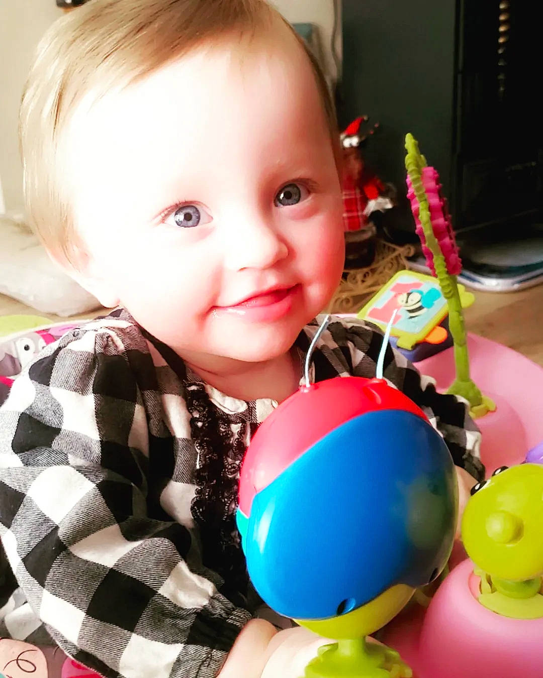 Isla joined the competition — help win amazing prizes! baby, baby_playing_with_toys, baby_products, baby_toddler_clothing, child, electric_blue, event, fun, happy, joy, party, party_supply, pattern, person, plaid, play, sitting, smile, t_shirt, tartan