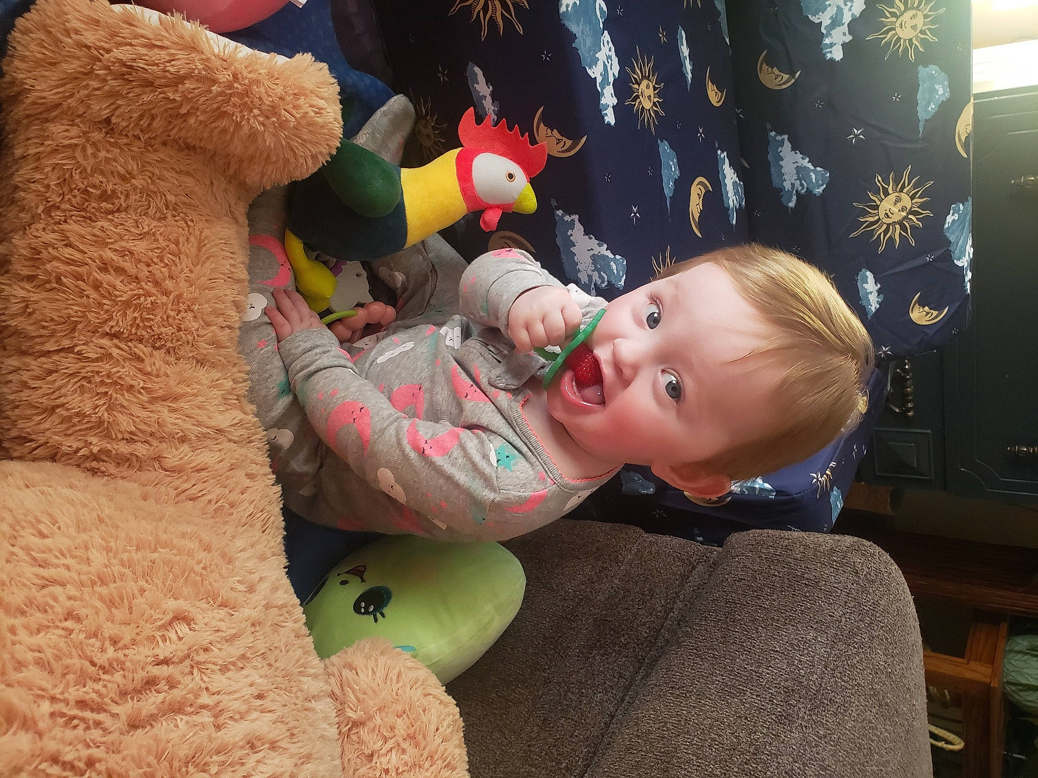 Isla is registered to the contest to win money with this photo: baby, baby_products, cheek, child, ear, event, fun, gesture, hand, happy, leisure, nail, nose, person, plastic_bottle, play, room, sitting, stuffed_toy, toddler