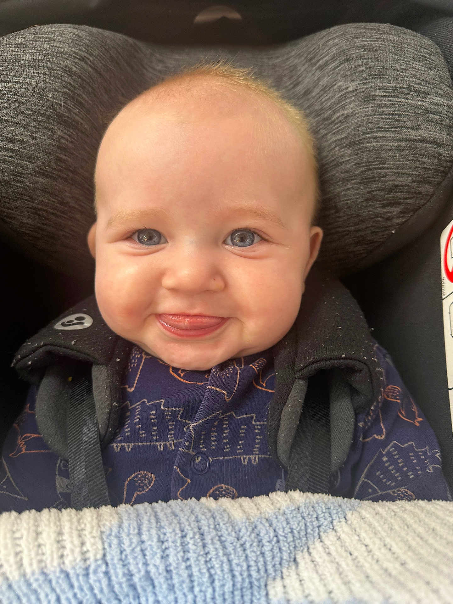 Maddox is registered to the contest to win money with this photo: baby, blanket, blue_eyes, car_seat, child, closeup, clothing, cute, face, happy, head, indoors, infant, person, portrait, seatbelt, smiling, straps, tongue, young