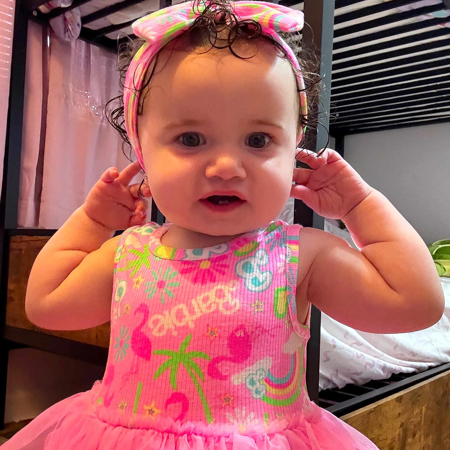 Bristol joined the competition — help win amazing prizes! baby, bedroom, bunk_bed, child, clothing, curly_hair, cute, face, furniture, hands, happy, headband, indoor, person, pink_dress, playful, portrait, smiling, toddler, young_child