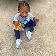 Jazier joined the competition — help win amazing prizes! child, toddler, snack, cheetos, puffs, braids, sneakers, new_balance, gray_shirt, blue_pants, concrete, car, outdoor, sitting, curious, food, street, casual, young_child, daylight