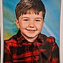 child, boy, smile, portrait, red_shirt, checkered, plaid, short_hair, background, studio_photo, happy, face, clothing, casual, young, kid, indoors, photography, person, headshot