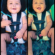 Bernard is registered to the contest to win money with this photo: baby, car_seat, child, close_up, clothing, colorful, duplicate_image, face, hands, happy, indoors, infant, legs, pacifier, portrait, safety_harness, seatbelt, sitting, smiling, striped_shirt