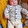 Nino participe au concours pour gagner de l'argent avec cette photo : baby, baby_clothes, child, clothing, comfort, cozy, cute, face, hand, indoors, infant, lying_down, pacifier, pajamas, plush_toy, portrait, smiling, soft_texture, striped_sweater, yellow_blanket