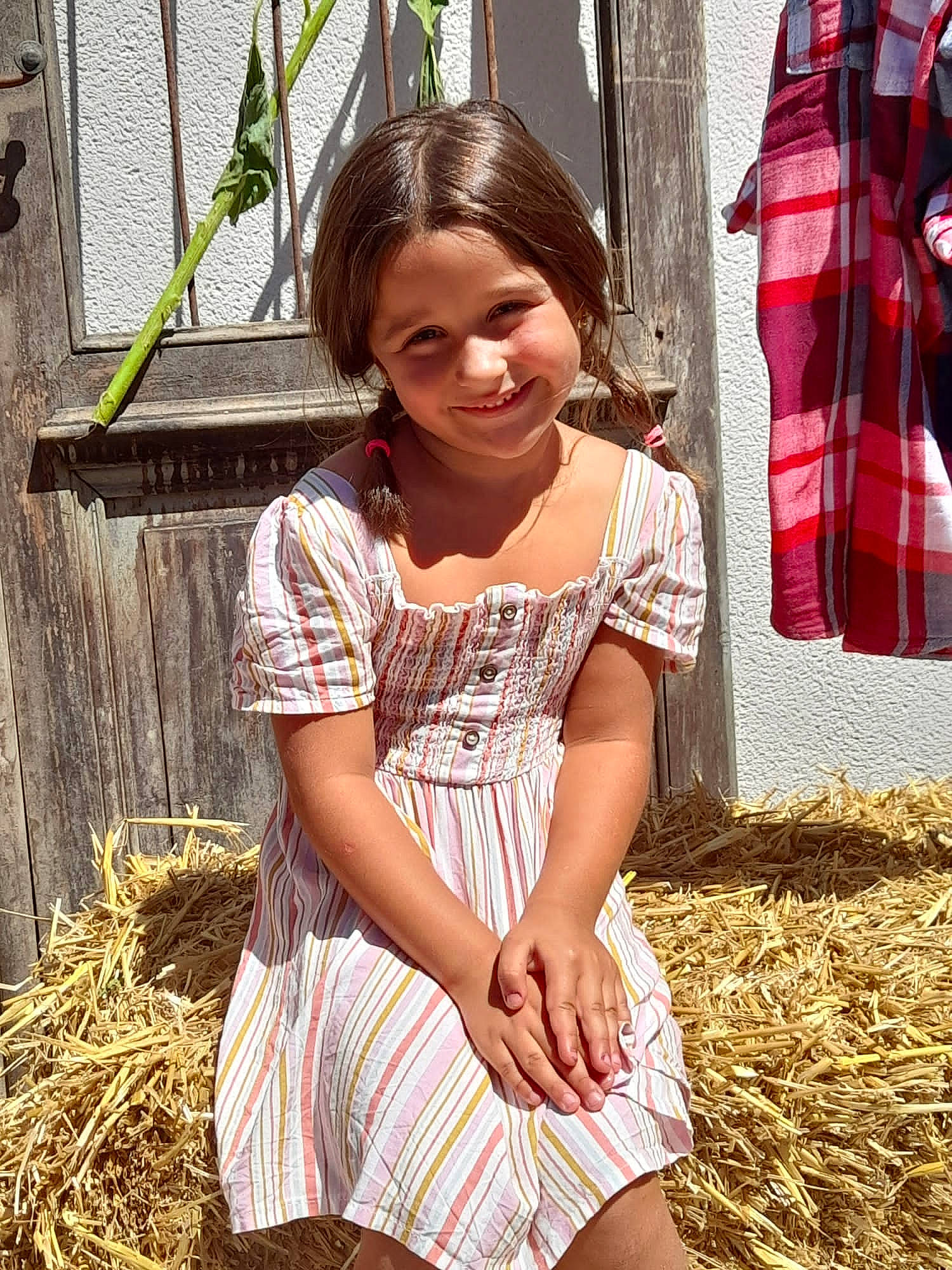 Elya participe au concours pour gagner de l'argent avec cette photo : adaptation, dress, face, fawn, flag, grass, hairstyle, happy, human_body, joy, neck, people_in_nature, person, plant, shoulder, skin, sleeve, smile, tartan, textile