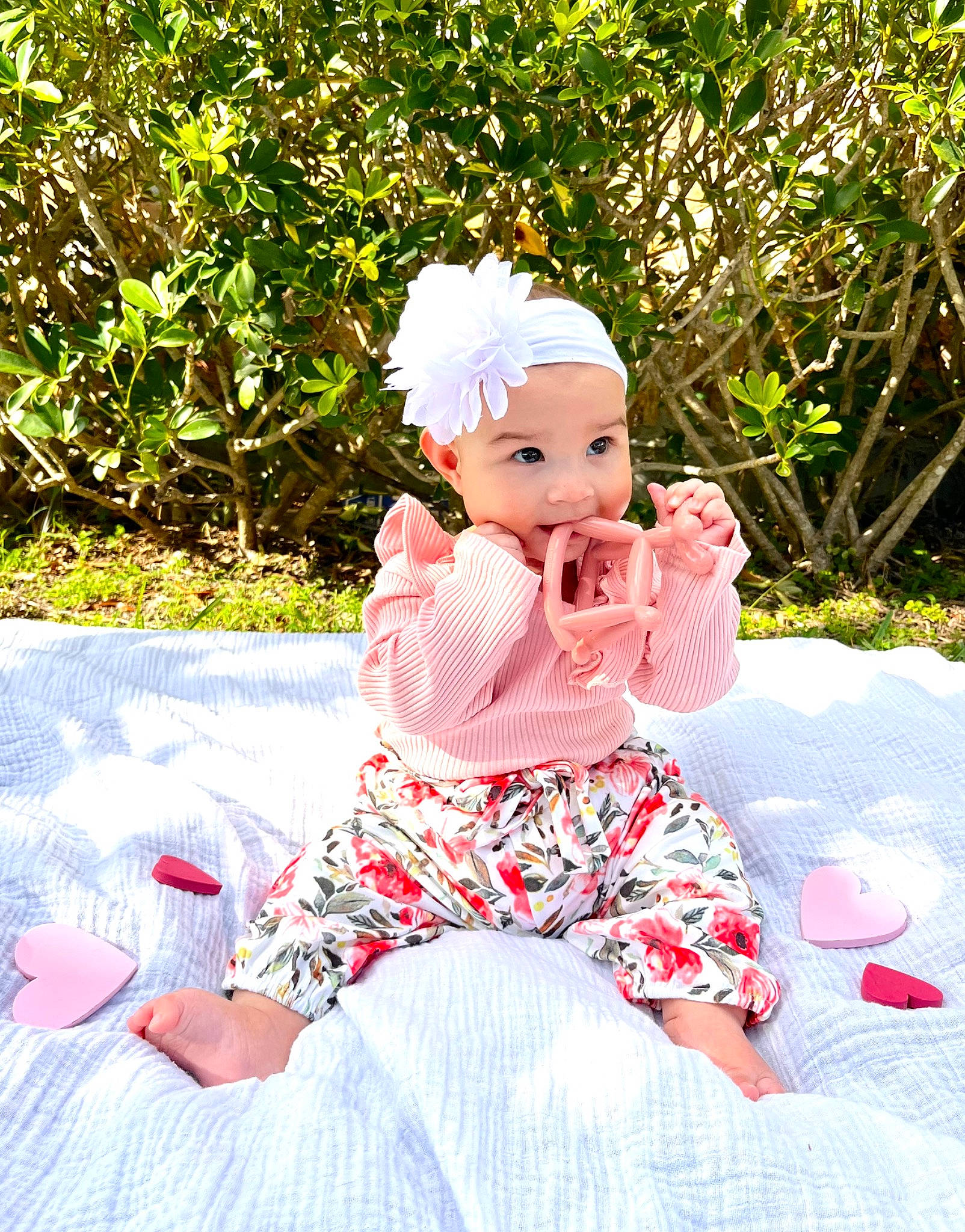 Leila is registered to the contest to win money with this photo: art, baby, baby_toddler_clothing, child, costume_hat, fashion_accessory, grass, happy, hat, headband, headwear, magenta, pattern, peach, people_in_nature, person, pink, plant, portrait_photography, sitting
