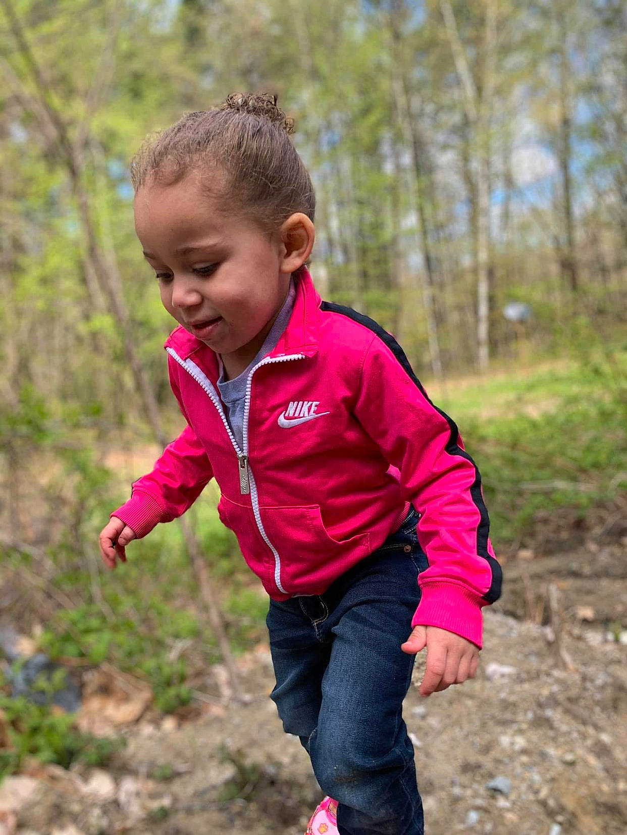 Dayrionna joined the competition — help win amazing prizes! baby_toddler_clothing, face, forest, fun, grass, happy, landscape, leisure, magenta, people_in_nature, person, plant, recreation, sleeve, smile, soil, t_shirt, toddler, tree, walking