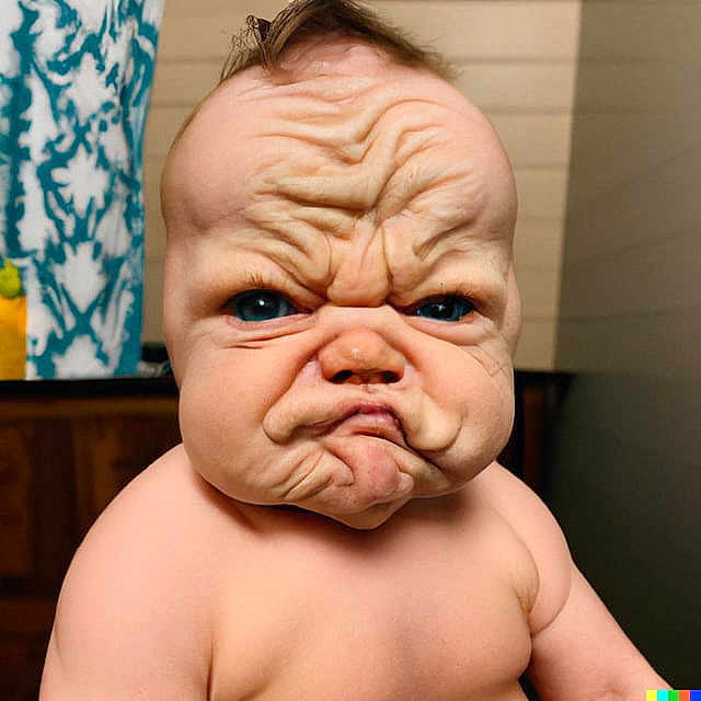 Lucifer is registered to the contest to win money with this photo: baby, face, wrinkles, angry_expression, indoor, child, skin, person, portrait, closeup, flesh, expression, young, cute, human, head, emotion, childhood, infant, funny